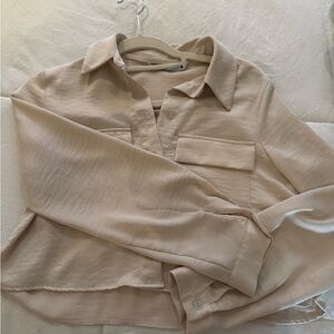 Cropped Satin Long Sleeve Button Down